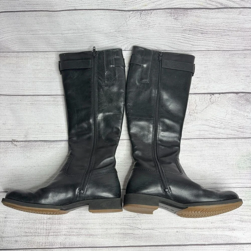 ECCO GORE-TEX Black Leather Riding Boots Waterproof Buckle Detail Winter Fashion